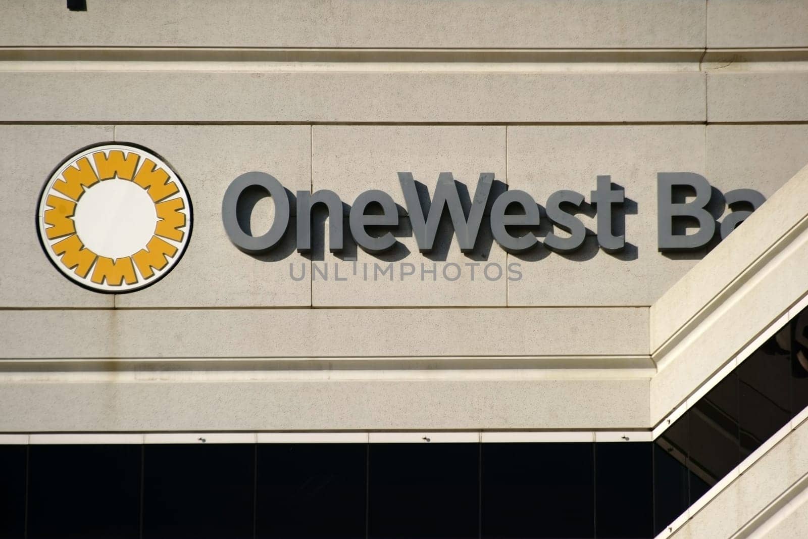 Santa Monica,United States December 28,2015: The modern roof construction and facade of the OneWest Bank bank building on December 28,2015 in Santa Monica.
