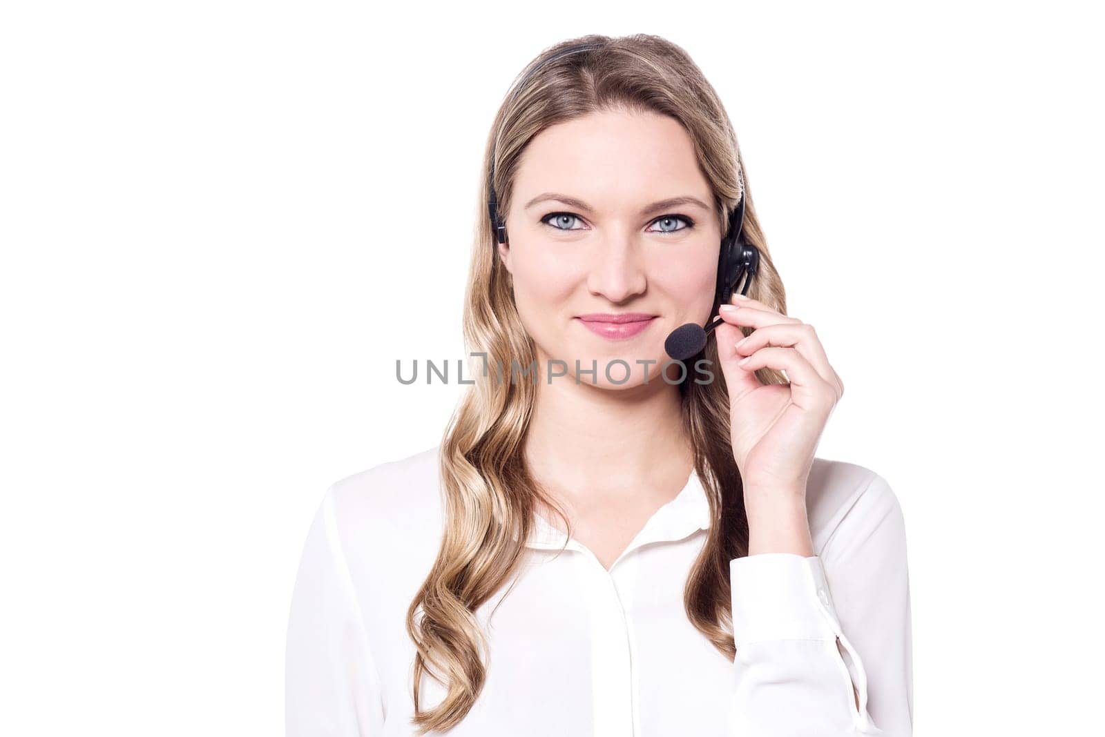Beautiful help-desk female executive isolated over white