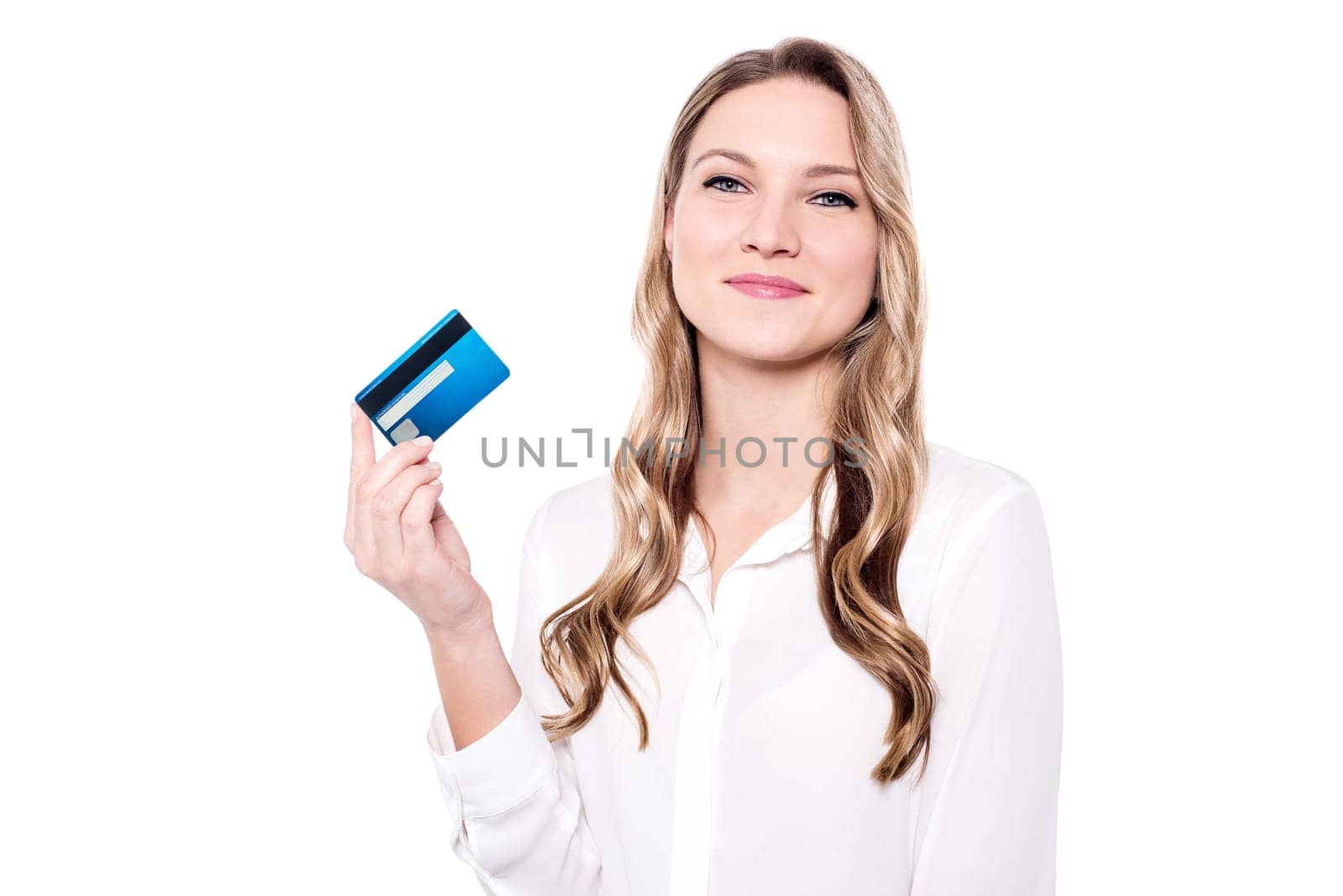 Beautiful lady showing cash card against white background