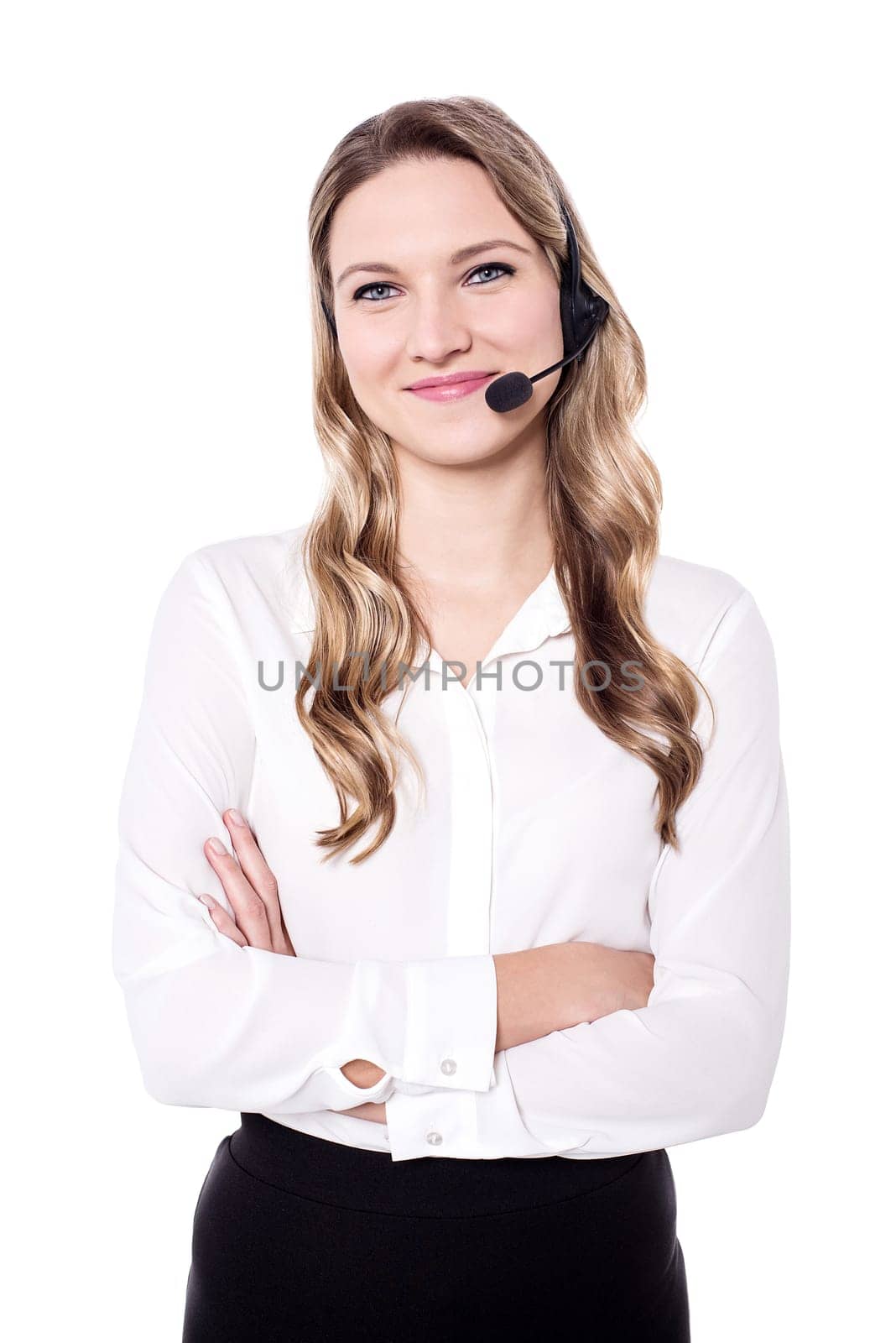 Smiling attractive woman with crossed arms wearing headphone