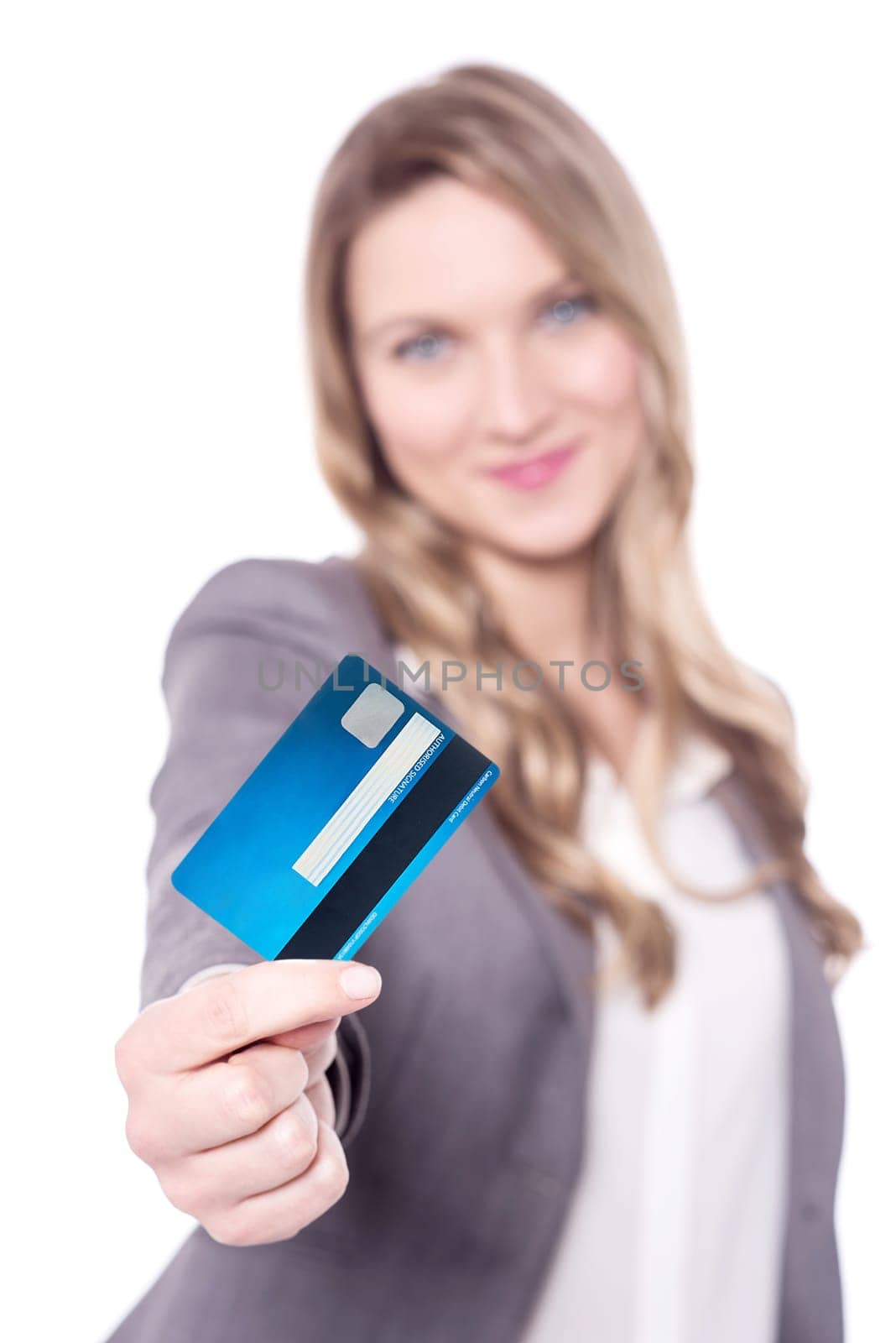 Young woman lending her cash card to you