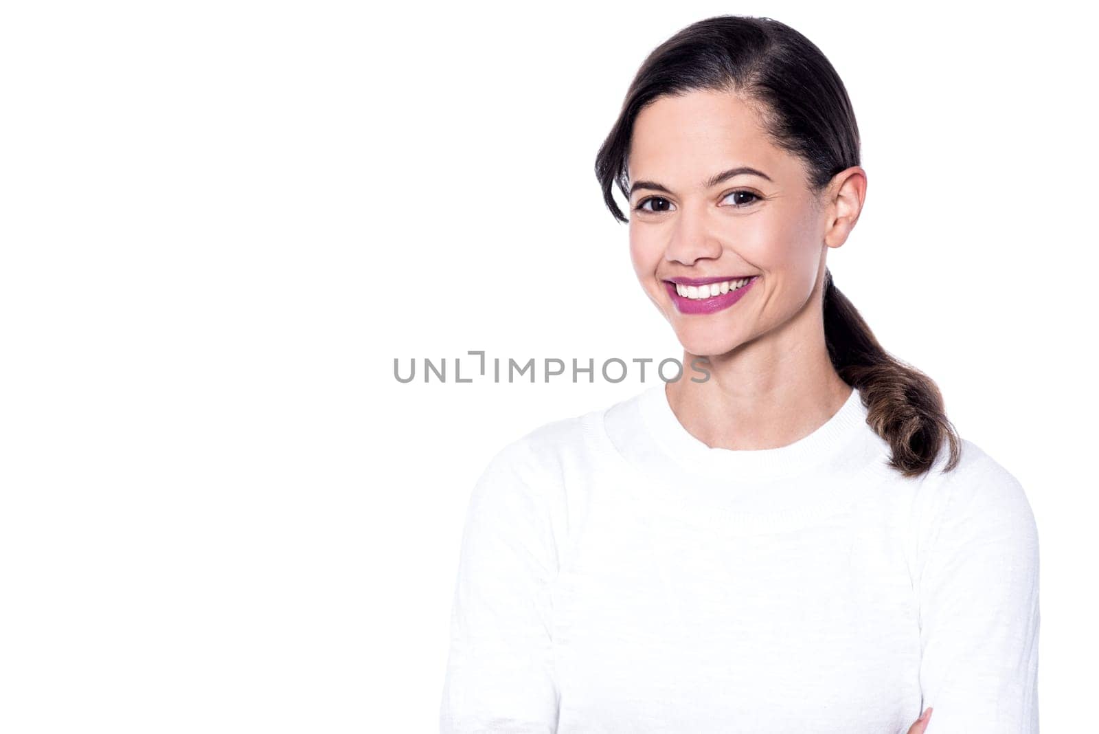 Portrait of smiling young woman  over white