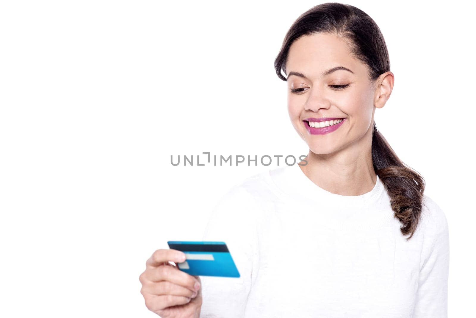 Pretty young woman seeing her cash card