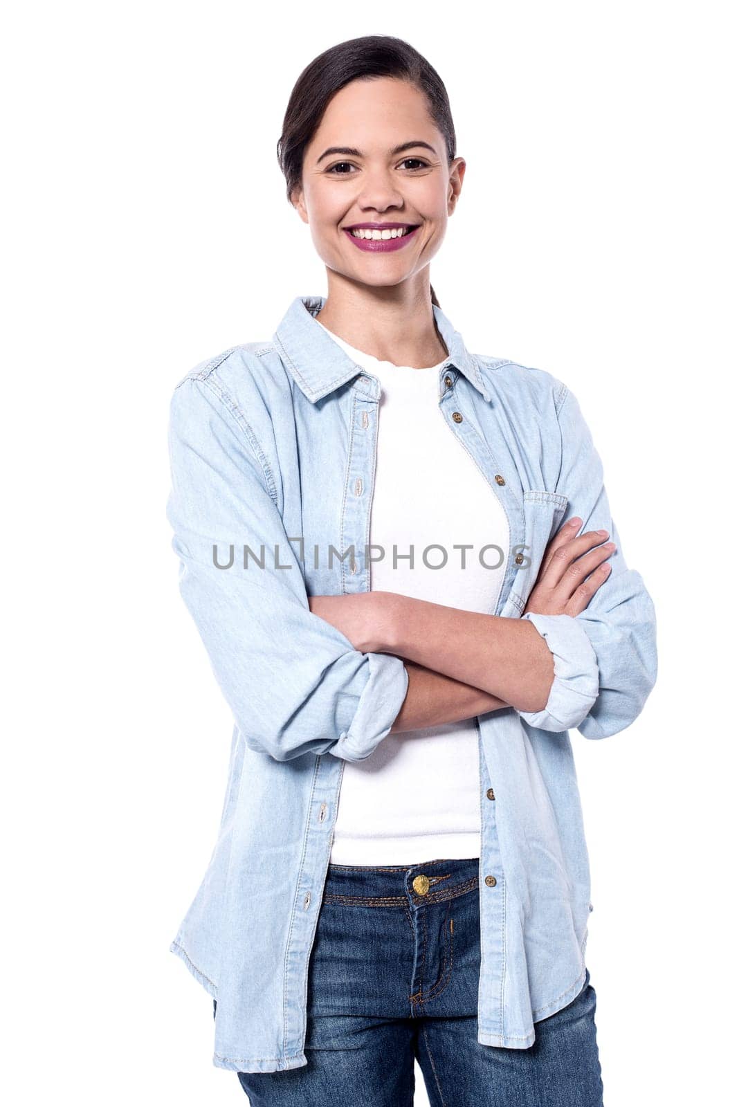 Confident female isolated on white with beautiful smile