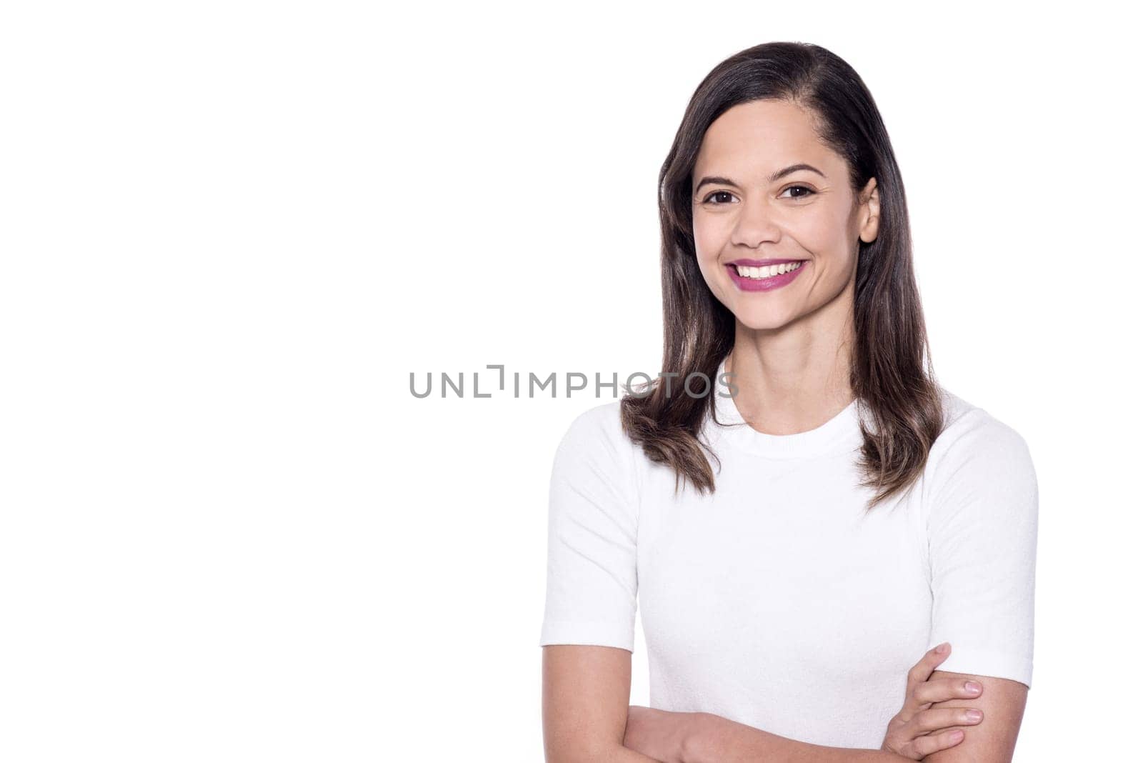 Mixed race casual lady posing with  folded arms
