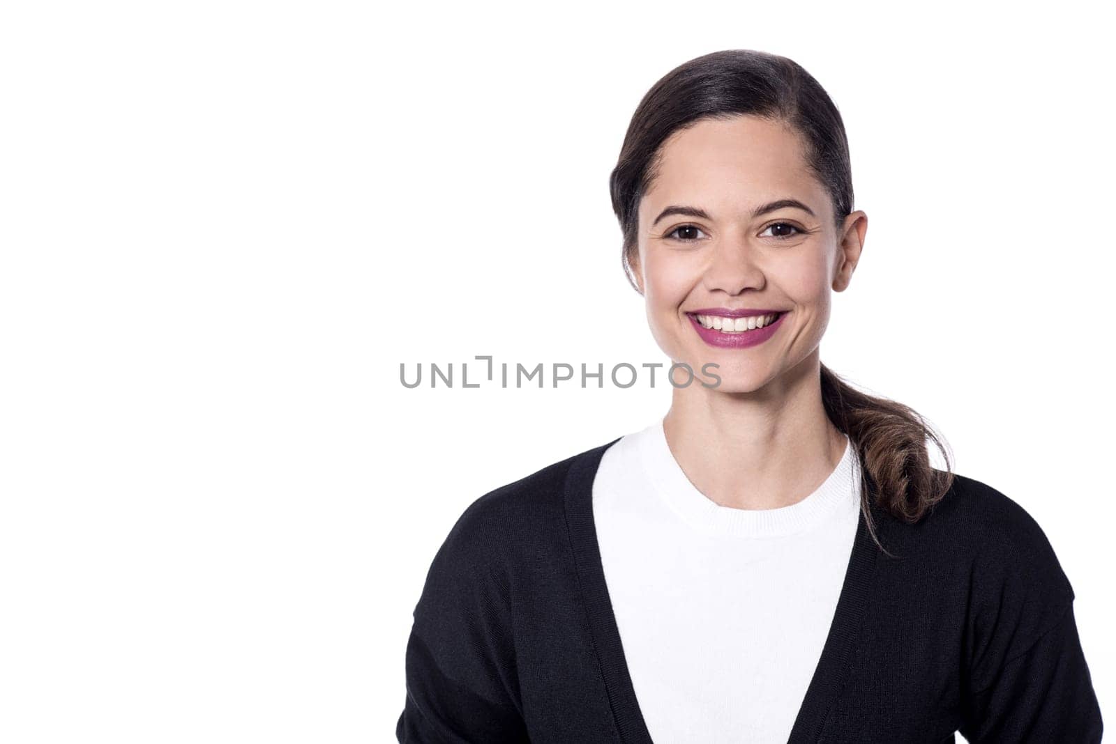 Pretty woman with a warm smile over white
