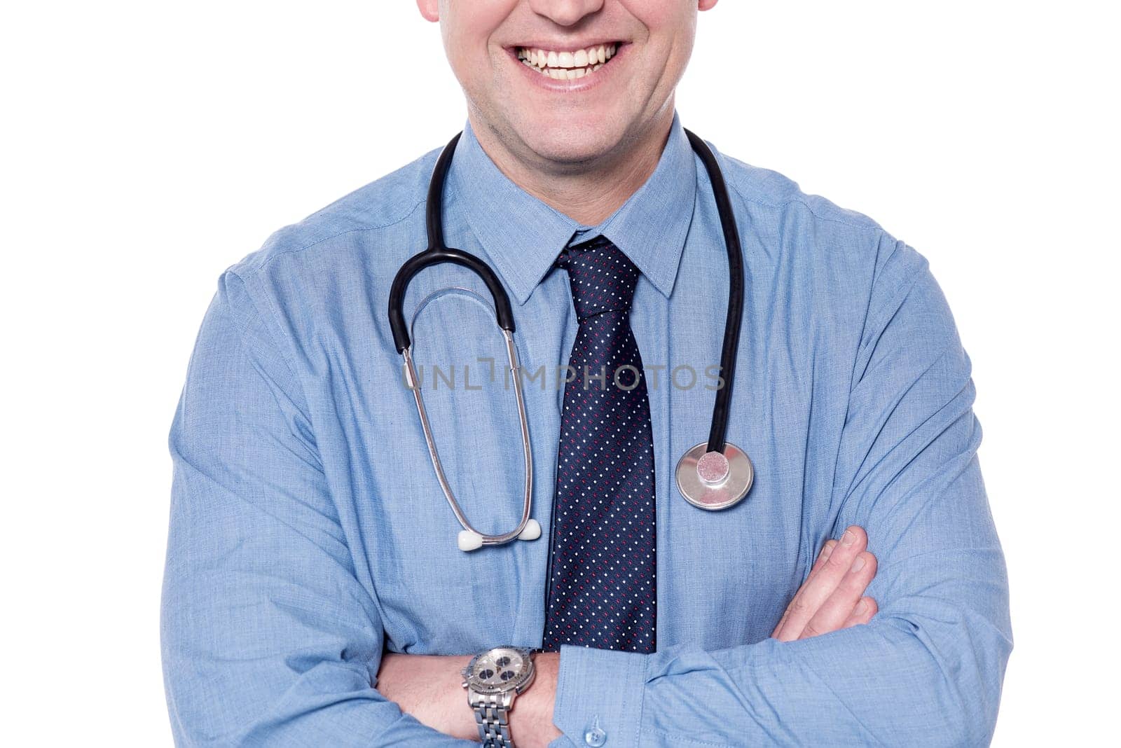 Cropped image of a smiling male doctor with folded arms