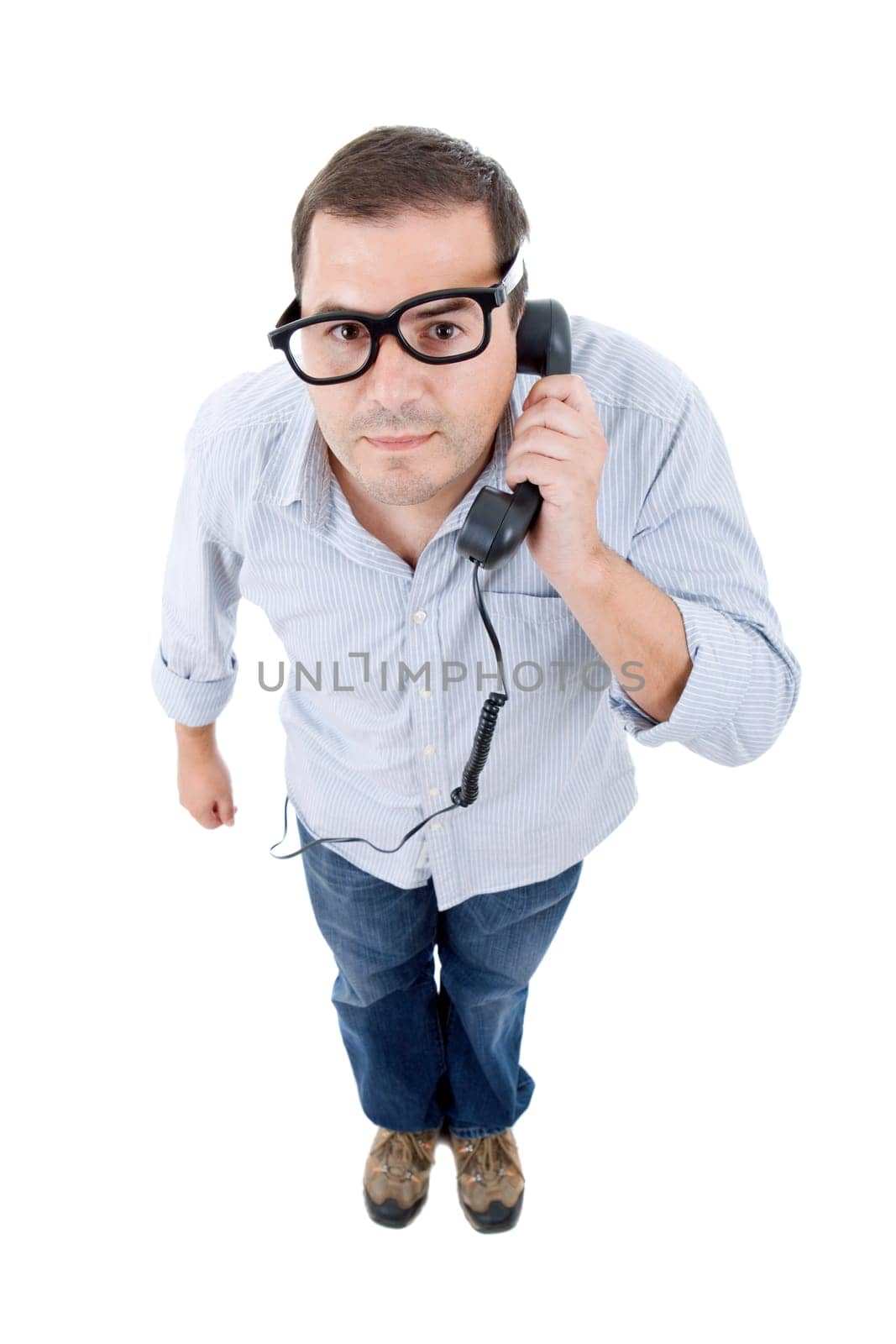 young man with a phone, isolated on white