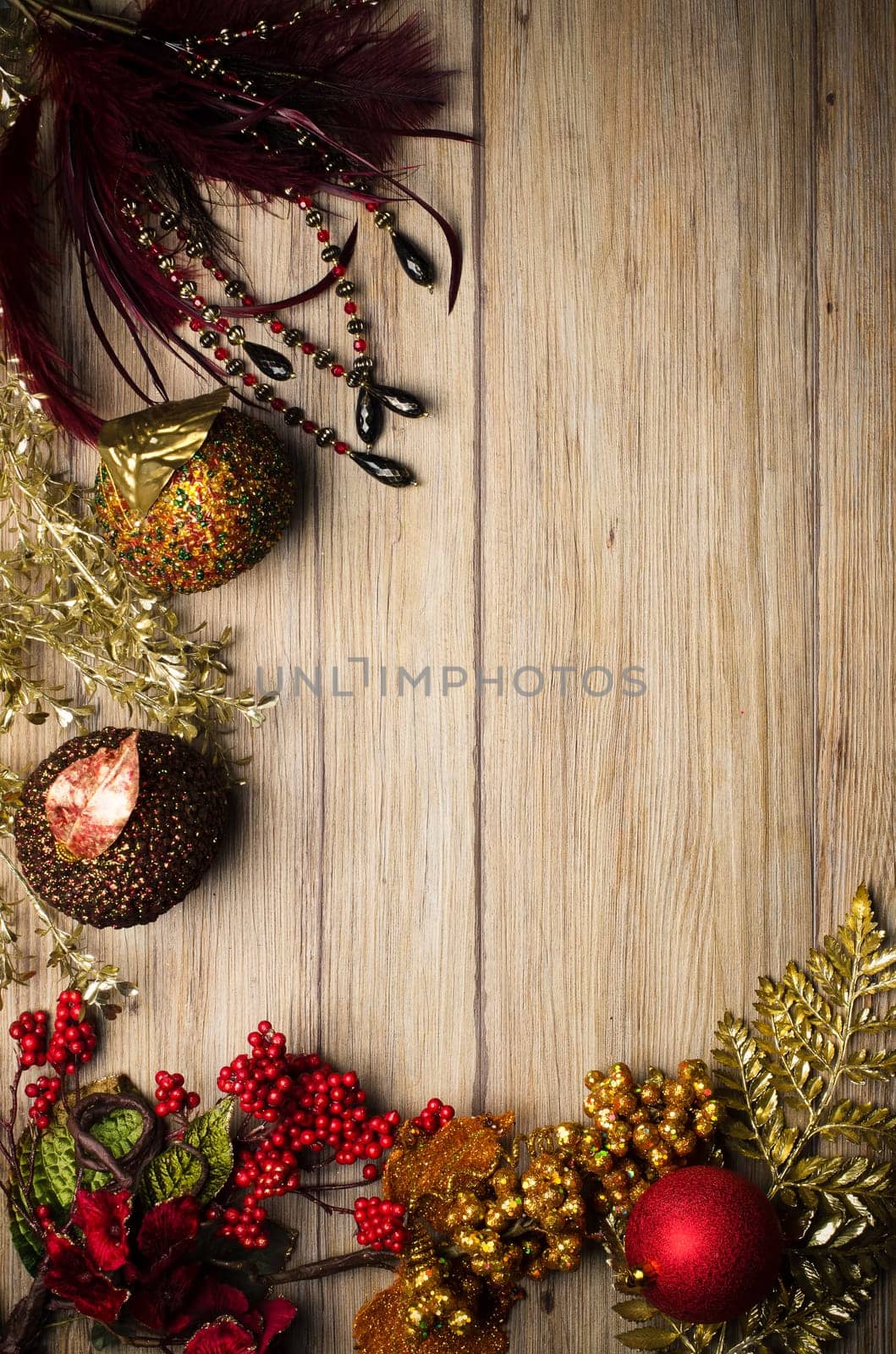 Christmas decorations frame on a wooden board.