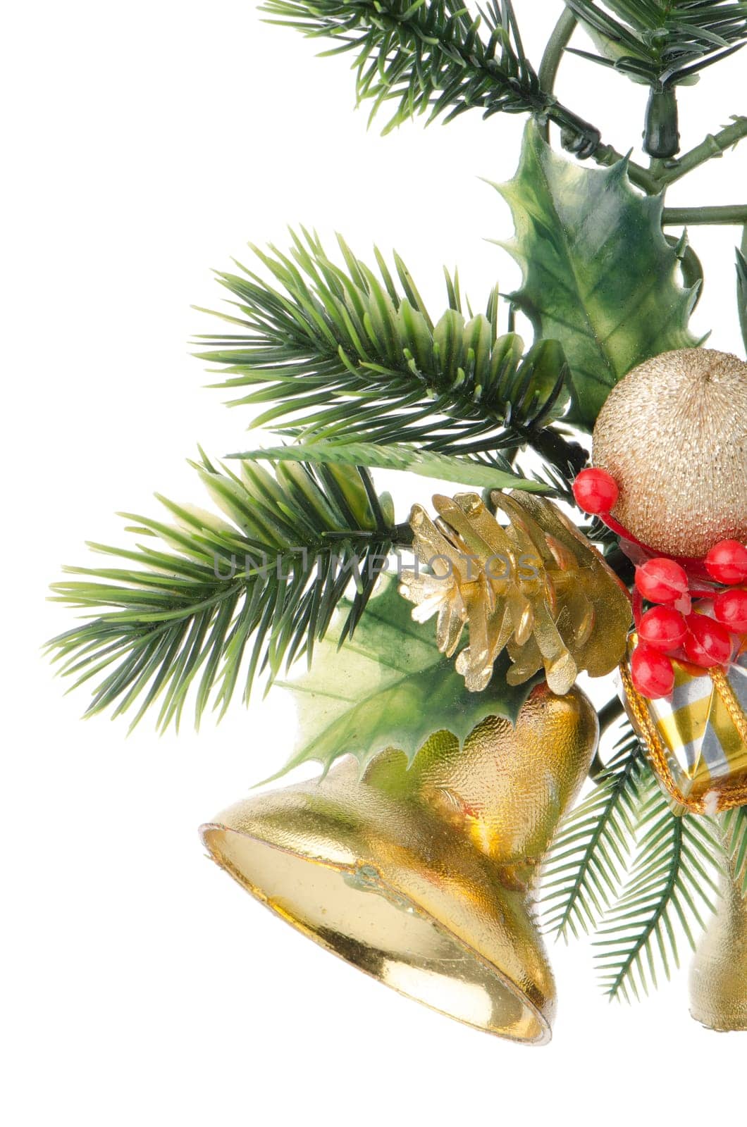 Christmas decorations on white reflective background.