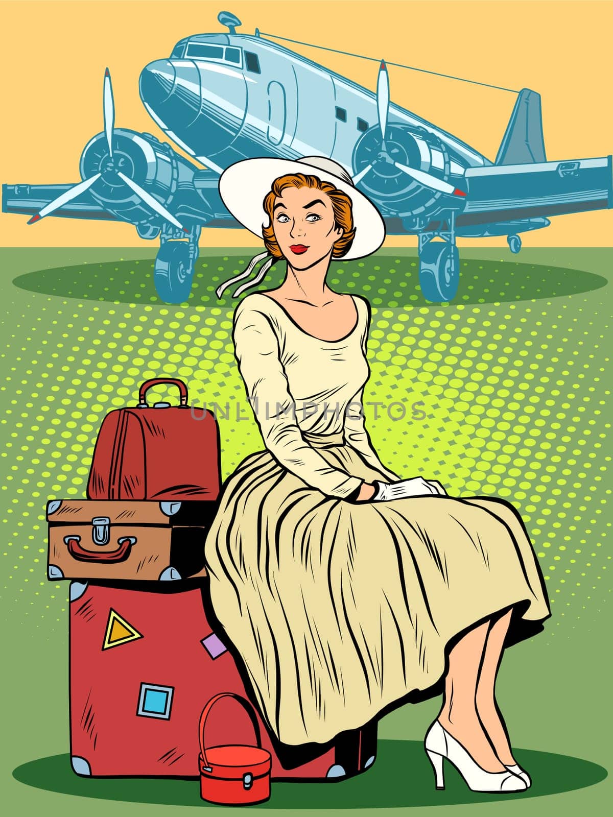 woman passenger airport baggage pop art retro style. Travel and tourism. Retro trip. Personal belongings
