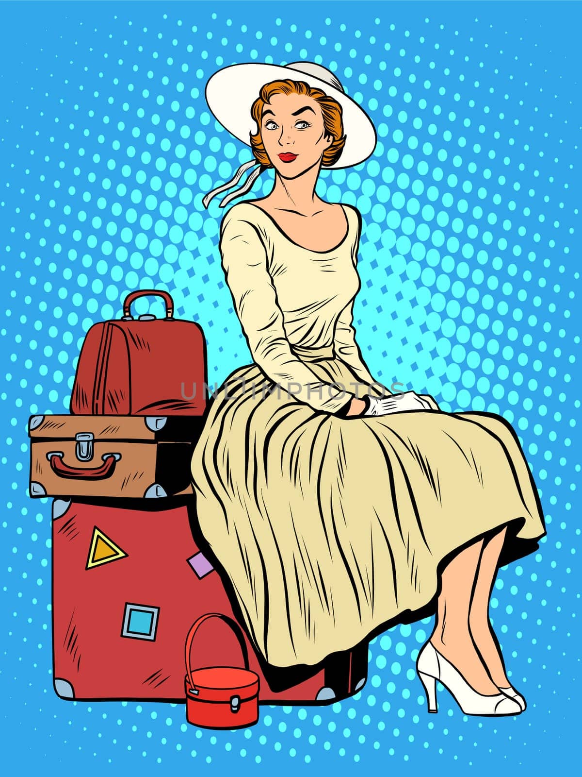 girl passenger baggage travel trip pop art retro style. The woman and his things. Moving with Luggage. Shipping and transportation
