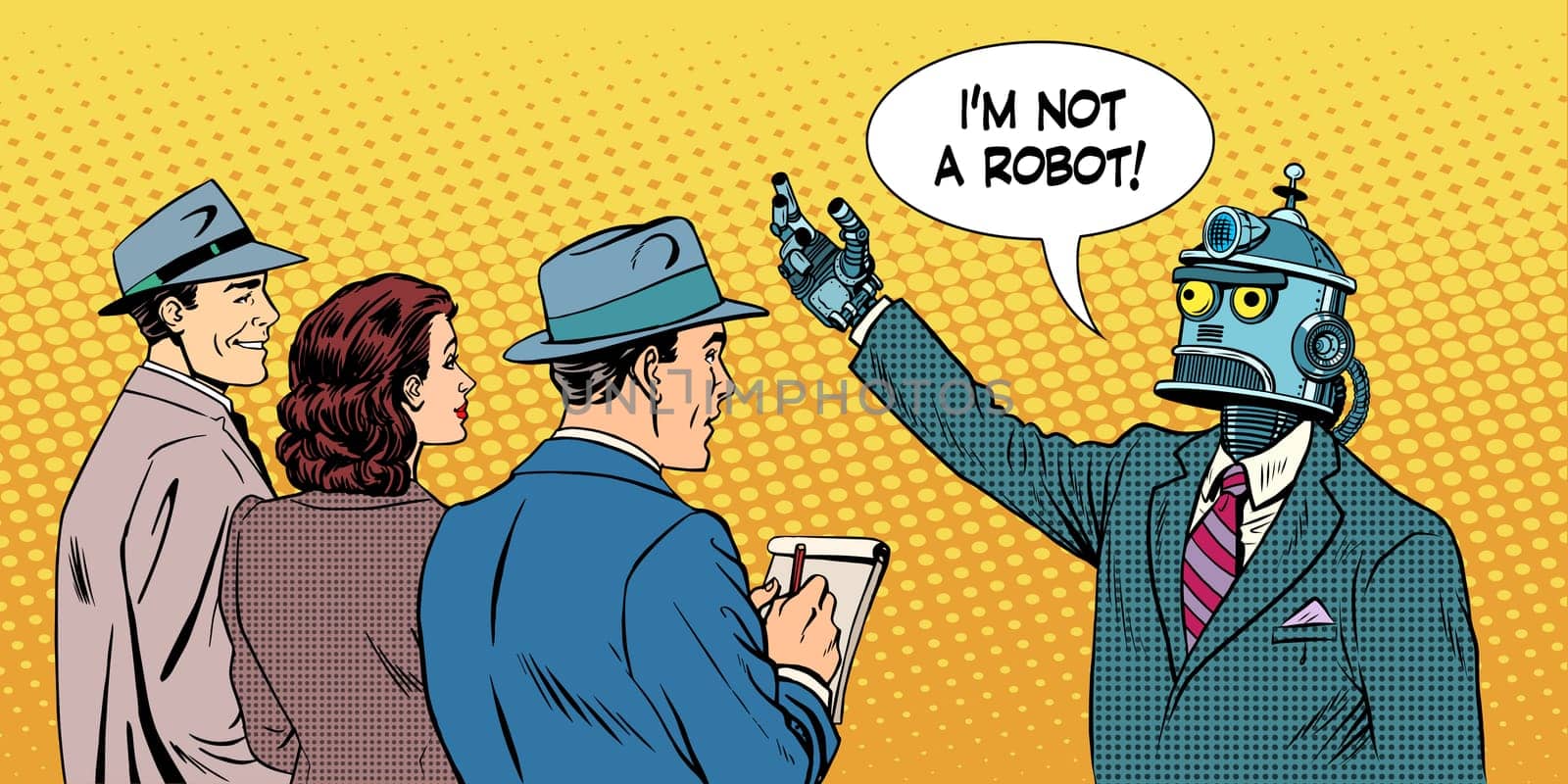 robot presidential candidate gives interview pop art retro style. Lies in politics. Political candidate. Technology and progress.