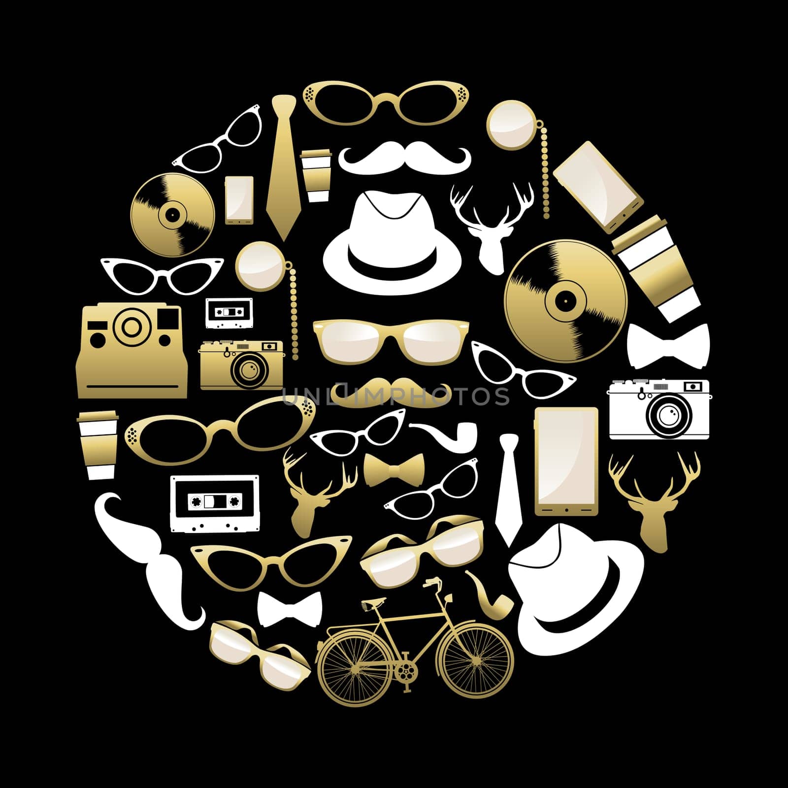 Vintage hipster icons silhouette concept. Fashion elements, phone, bike and more in gold color. EPS10 vector.