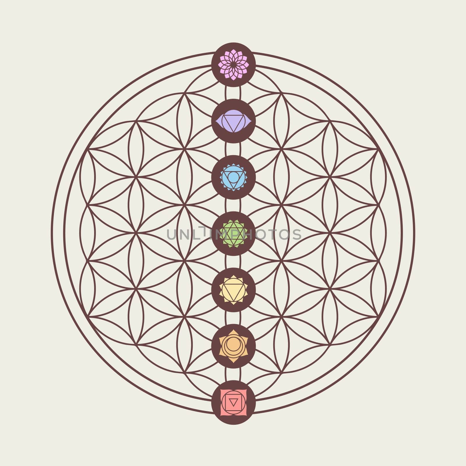 Zen concept illustration, seven main chakra icons placed on flower of life sacred geometry design. EPS10 vector.