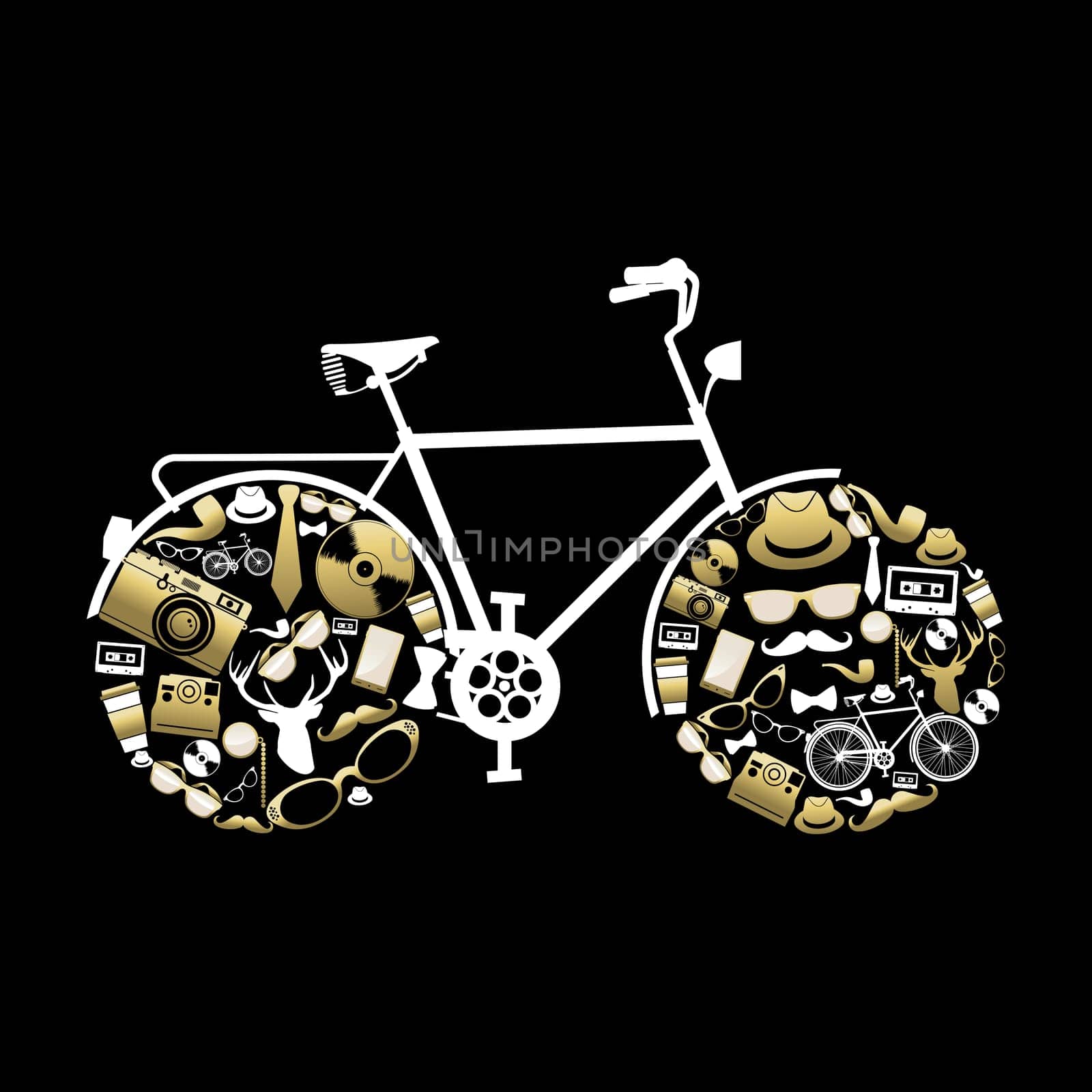 Bike concept silhouette with hipster vintage icons in gold color as wheels. Includes deer, hat, glasses, mustache and more. EPS10 vector. .