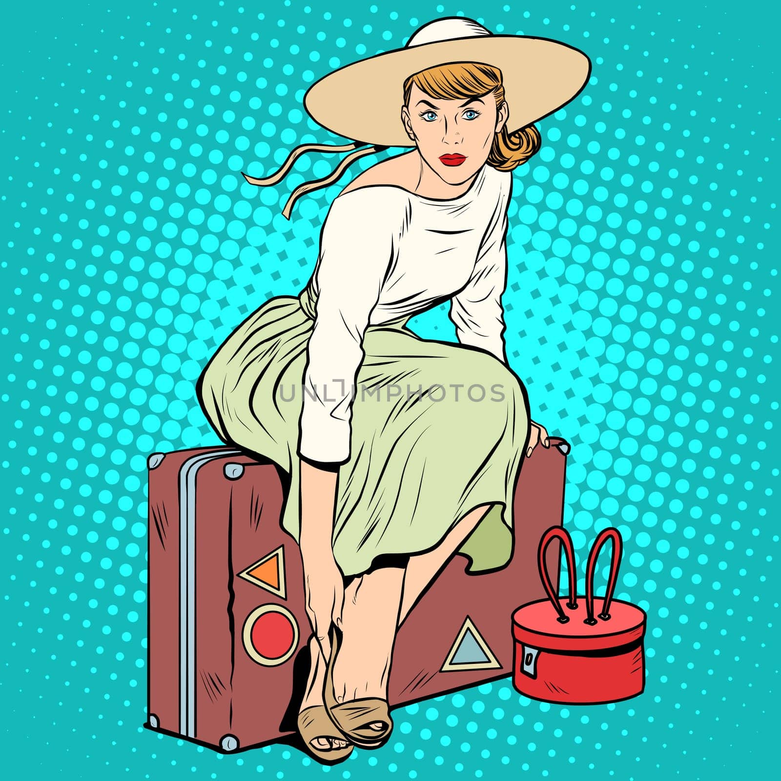 The girl passenger Luggage pop art retro style. A tourist trip. Beautiful lady woman
