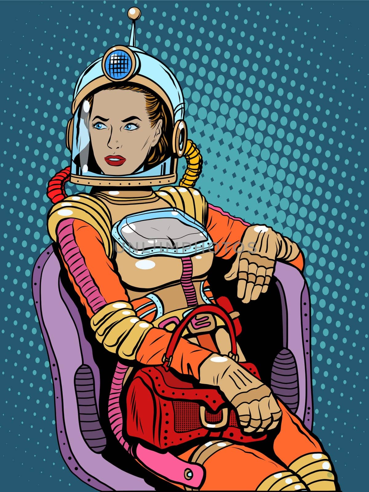 Space girl beauty sexy science fiction pop art retro style. A woman sits in a chair. International womens day. Female power