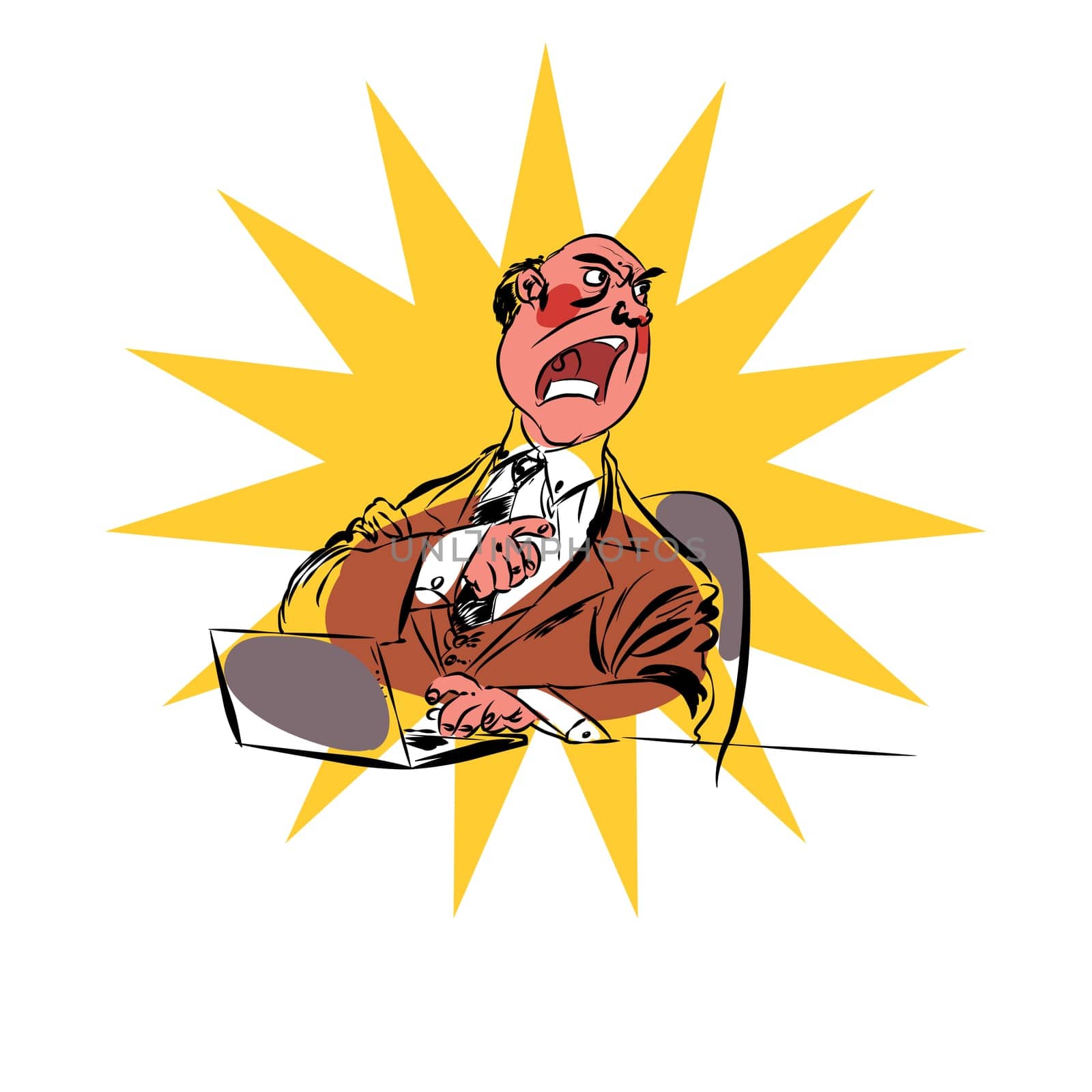 Angry boss business businessman laptop. Character comic style. Man at work business concept. New technologies