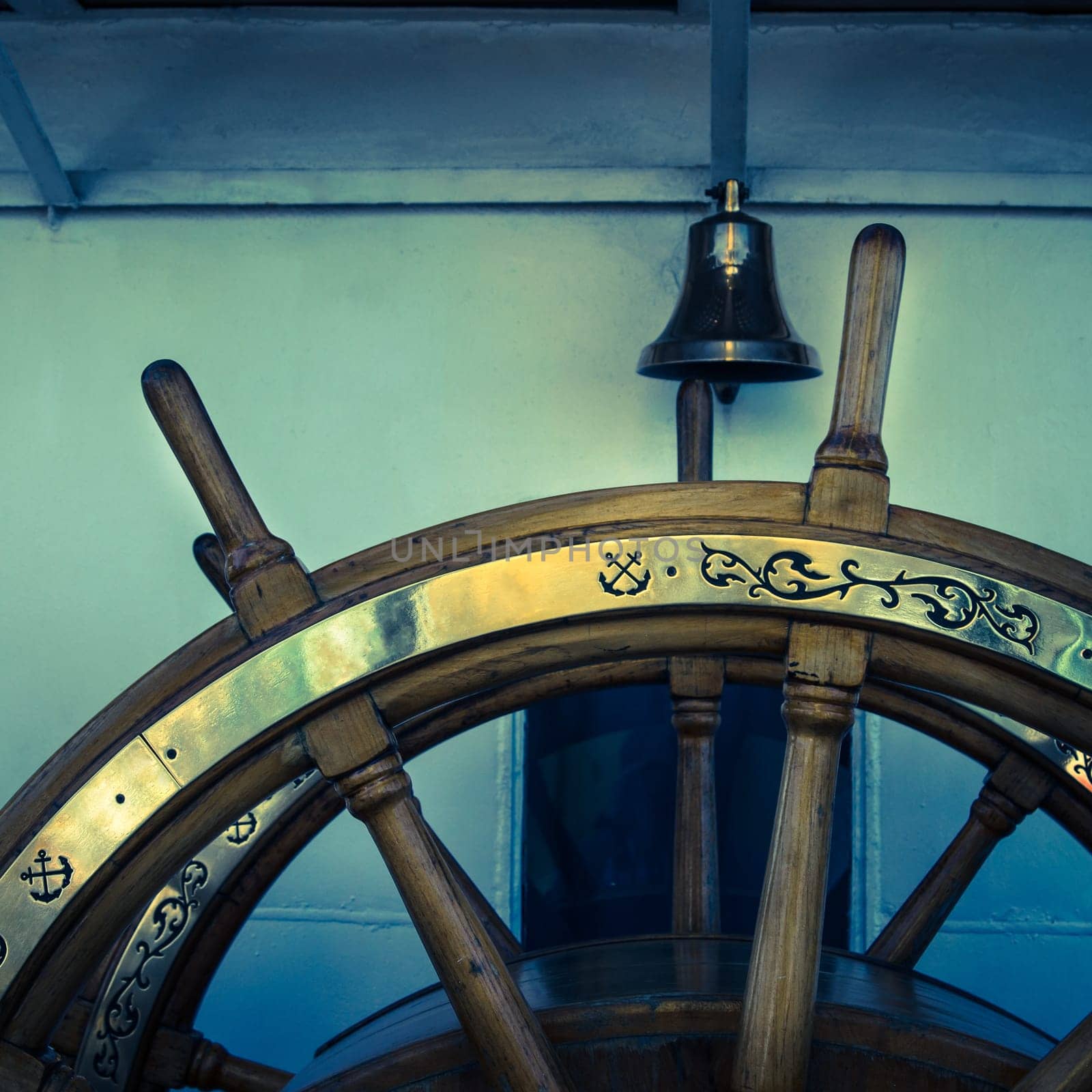Steering wheel of an old sailing vessel, close up