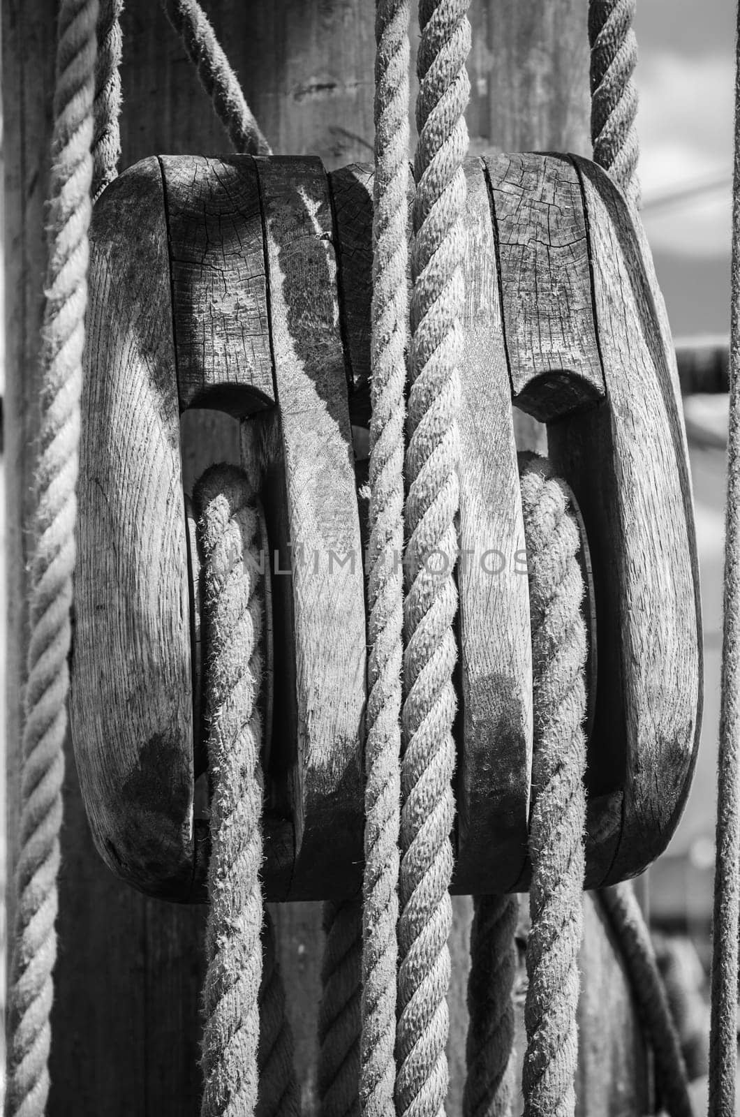 Blocks and rigging at the old sailboat, close-up