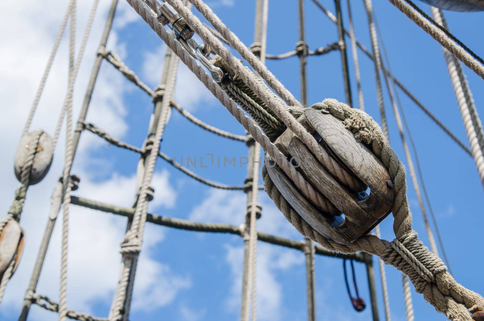 Blocks and rigging at the old sailboat, close-up