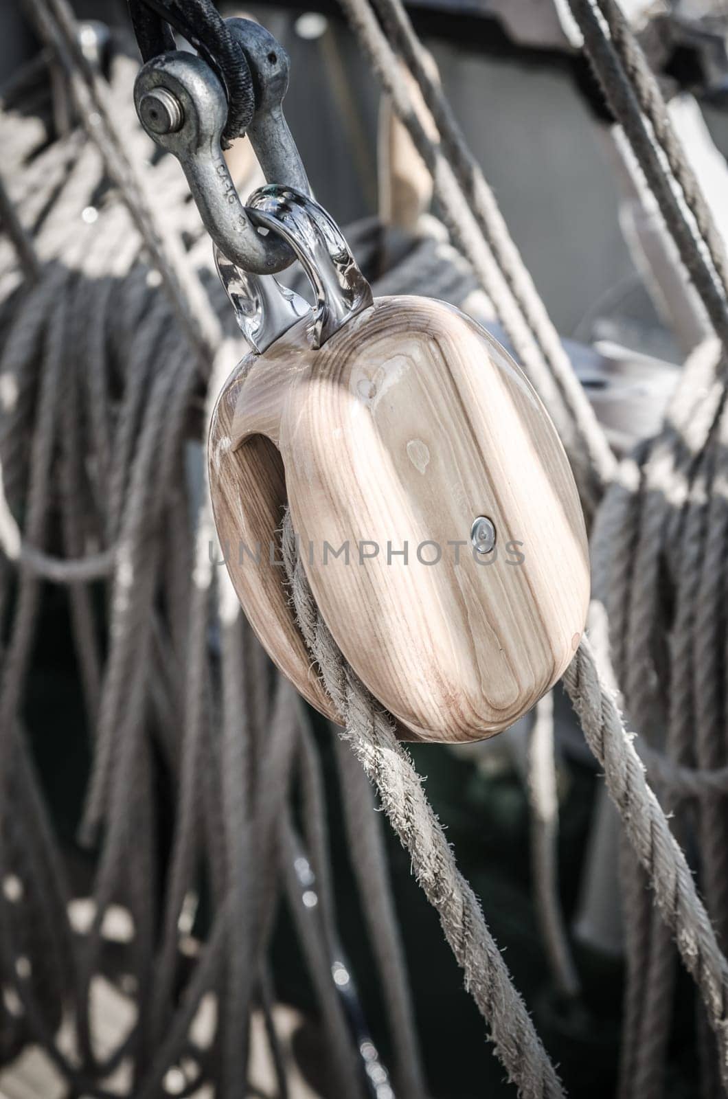Blocks and rigging at the old sailboat, close-up