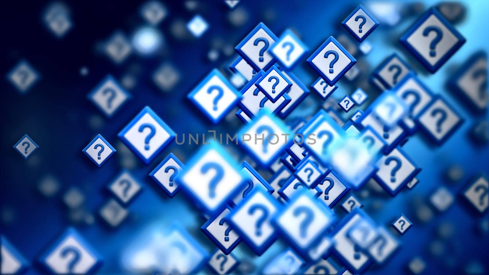 Group of signs with question marks on a blue backdrop, as a concept of questions of the choice from the internet community in cyberspace. Abstract futuristic horizontal background.