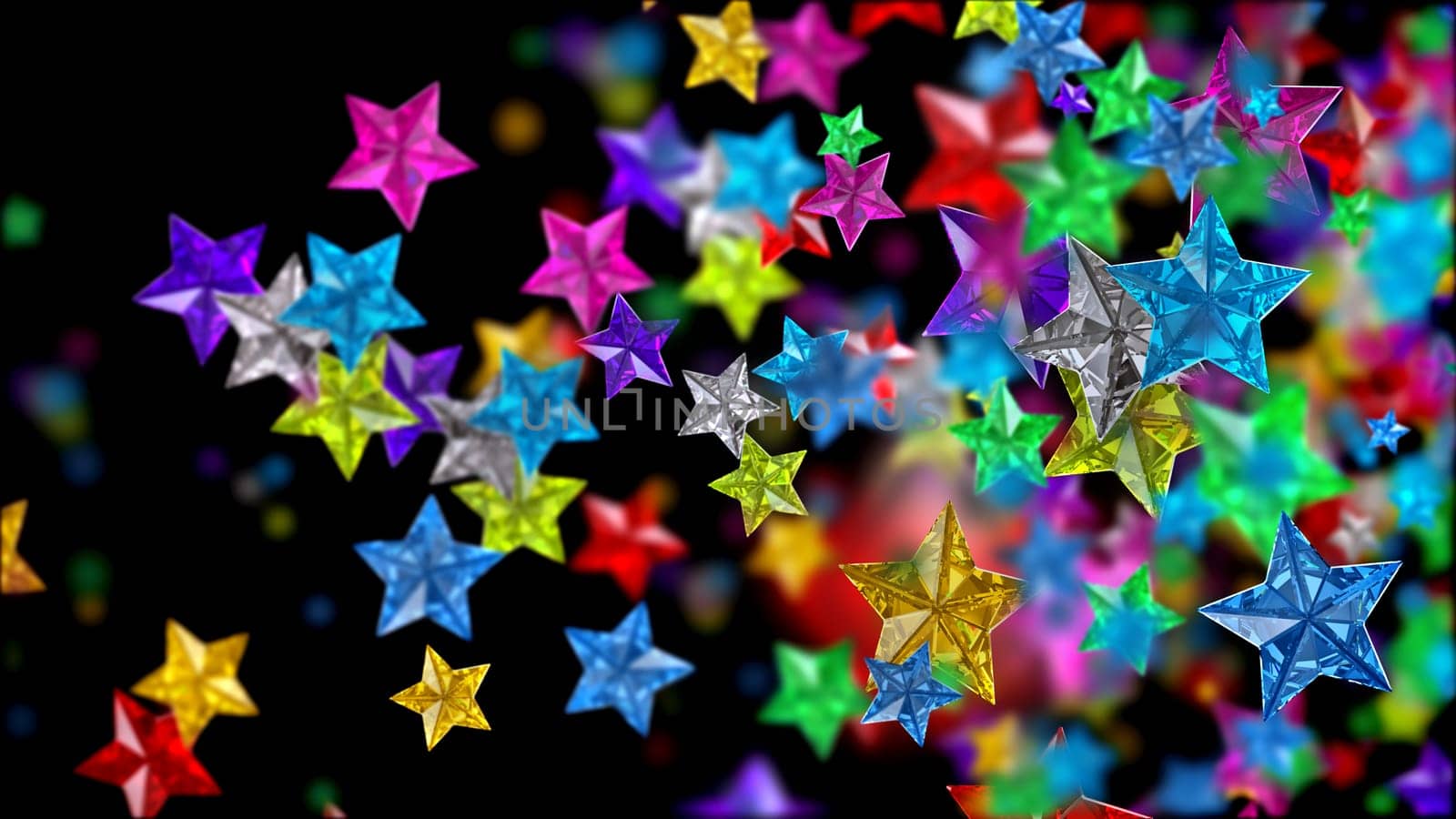 Glistening colourful glossy glass stars on the dark backdrop for any celebration or festive background, looks as luxury brilliants, rubies, sapphires and other gems