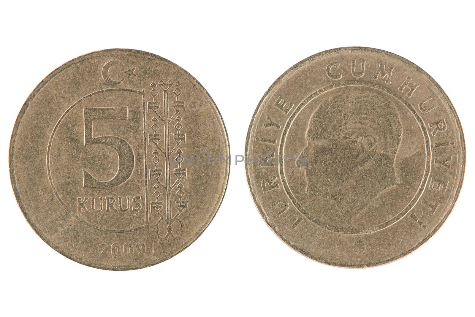 5 turkish kurus coin isolated on white background.