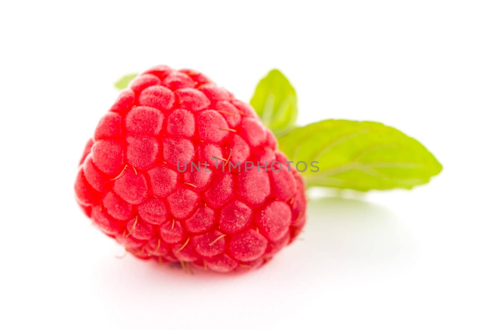 Raspberries with leaves isolated on white background