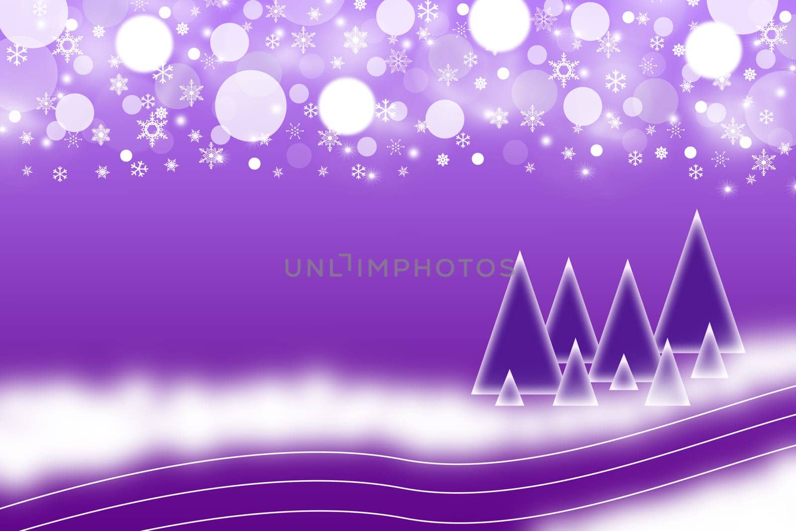 The white and blue blurred balls and snowflakes on a purple background. Balls and snowflakes are placed on the top of the picture. The blue silhouettes of trees with lights on the top  are placed  in the bottom right of the picture.