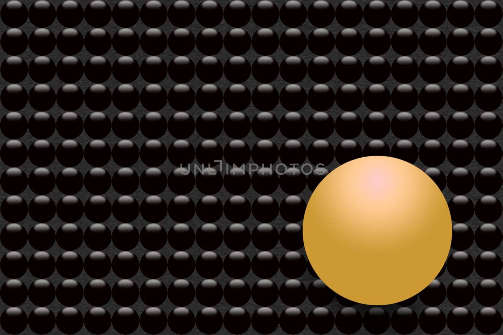Pattern of black metal background with black balls. Golden bigger ball is in the foreground them.