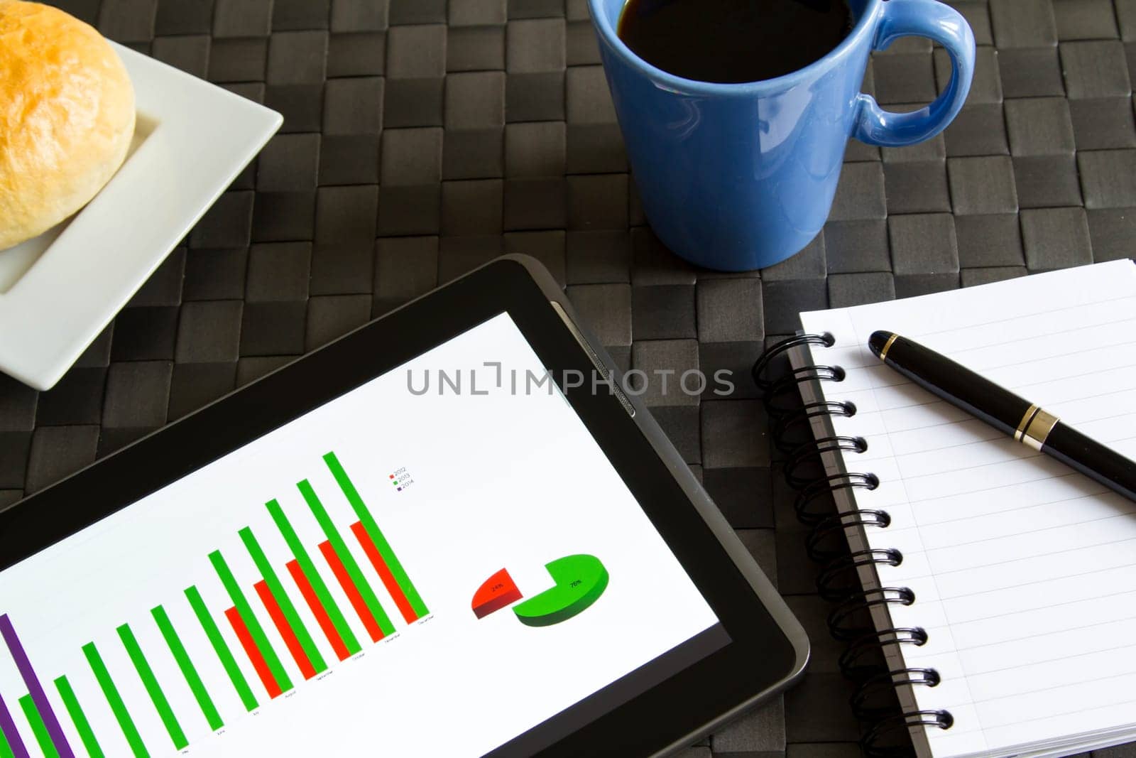 Working, analyzing graphics with the tablet and having breakfast.