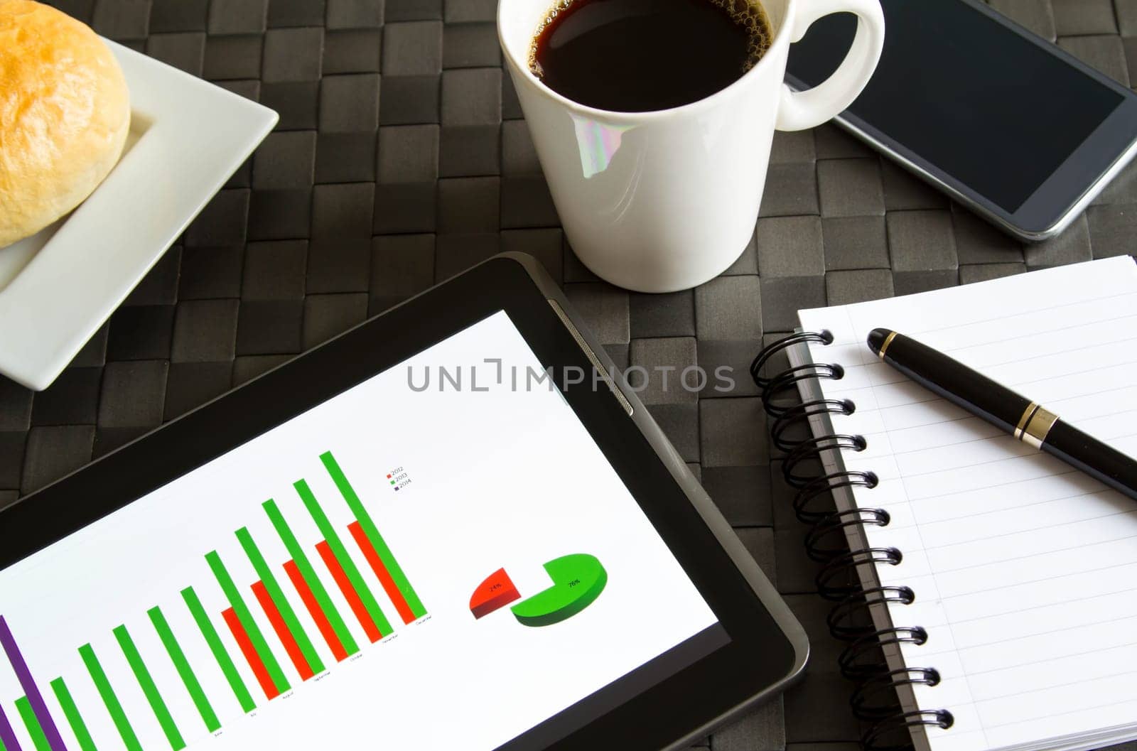 Working, analyzing graphics with the tablet and having breakfast.