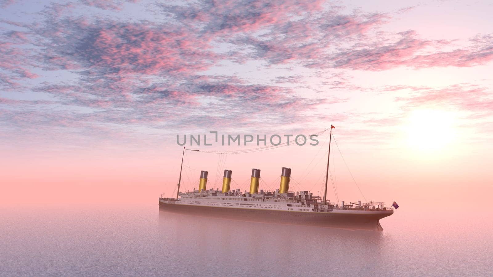 Computer-generated 3D illustration with an ocean liner at sunset