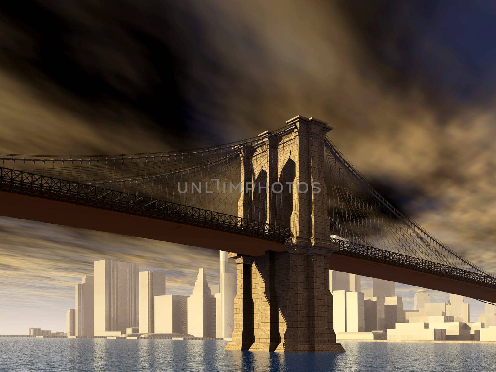 Computer-generated 3D illustration with the Brooklyn Bridge in New York City
