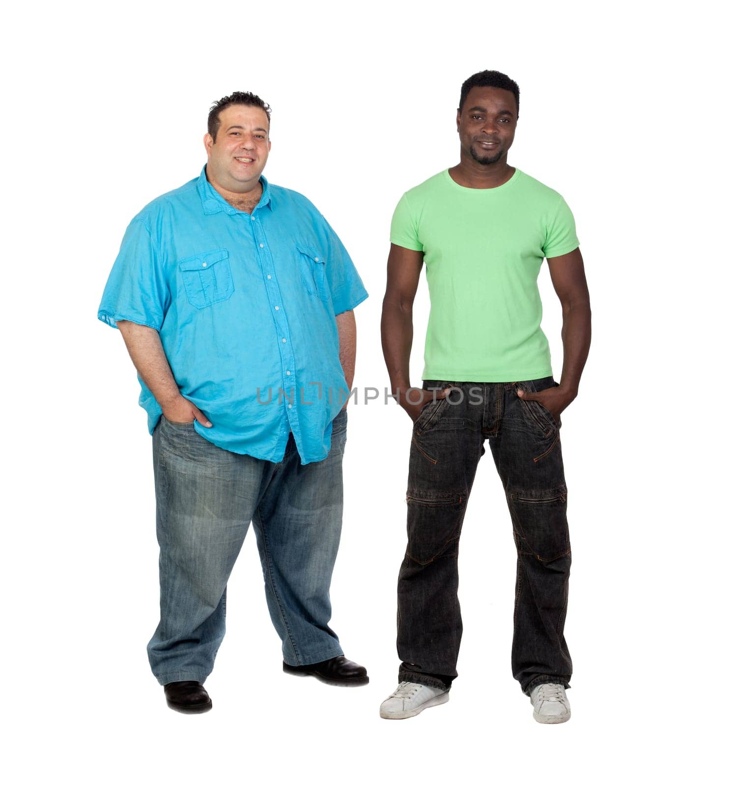 African man with perfect body together with a nice fat man isolated on white background