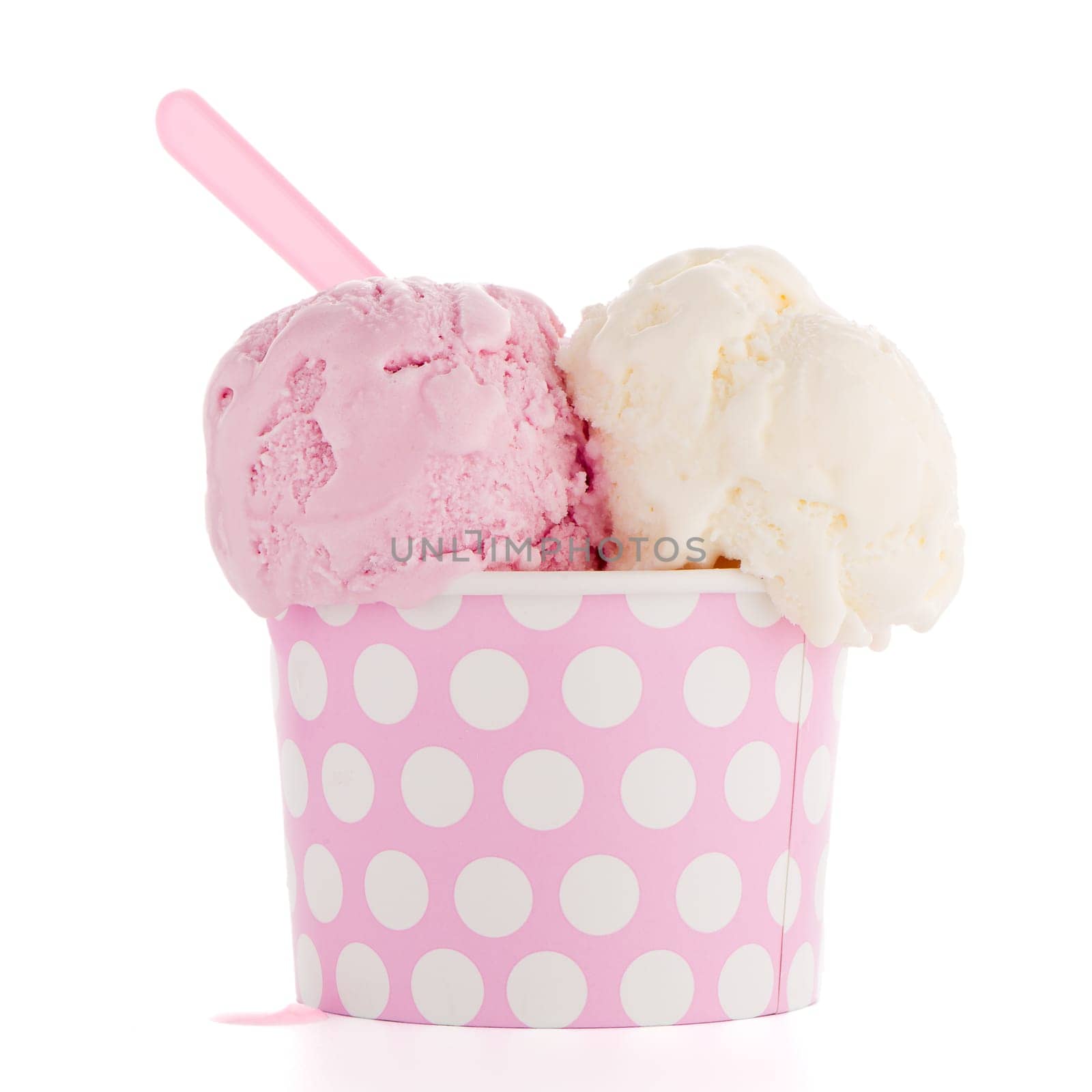 Ice cream scoop in paper cup on white background.