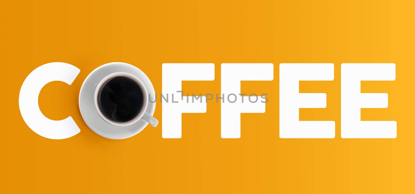 Coffee concept banner design with text and mug from top view on color background.