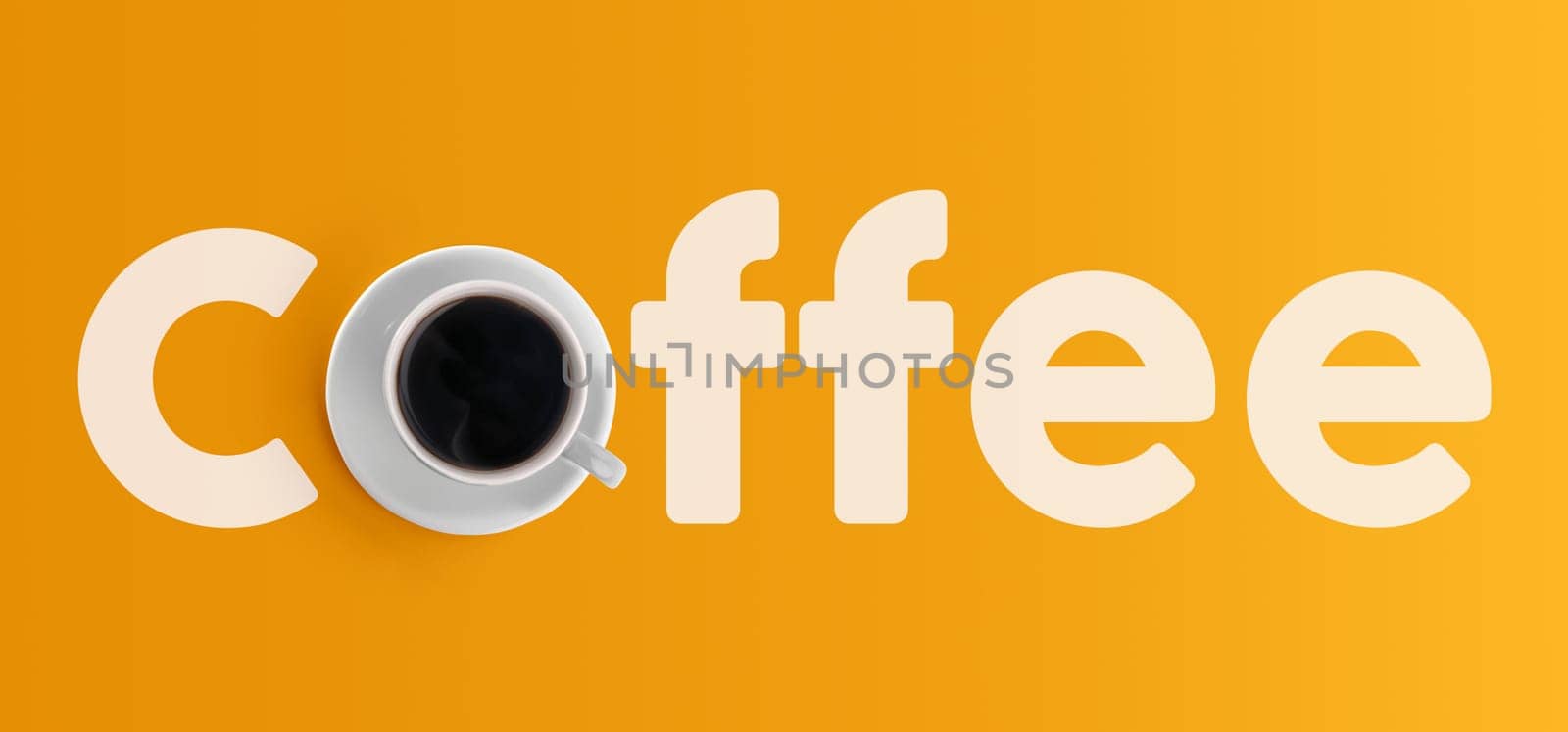 Top view of coffee mug, concept text banner on empty colorful background.