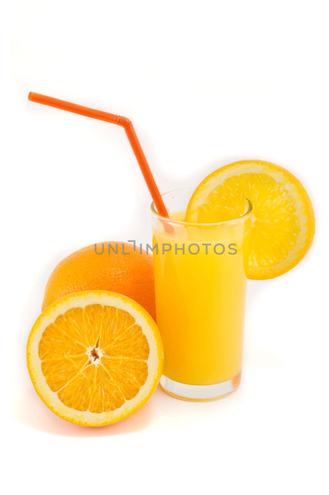halved oranges and fresh orange juice isolated on white