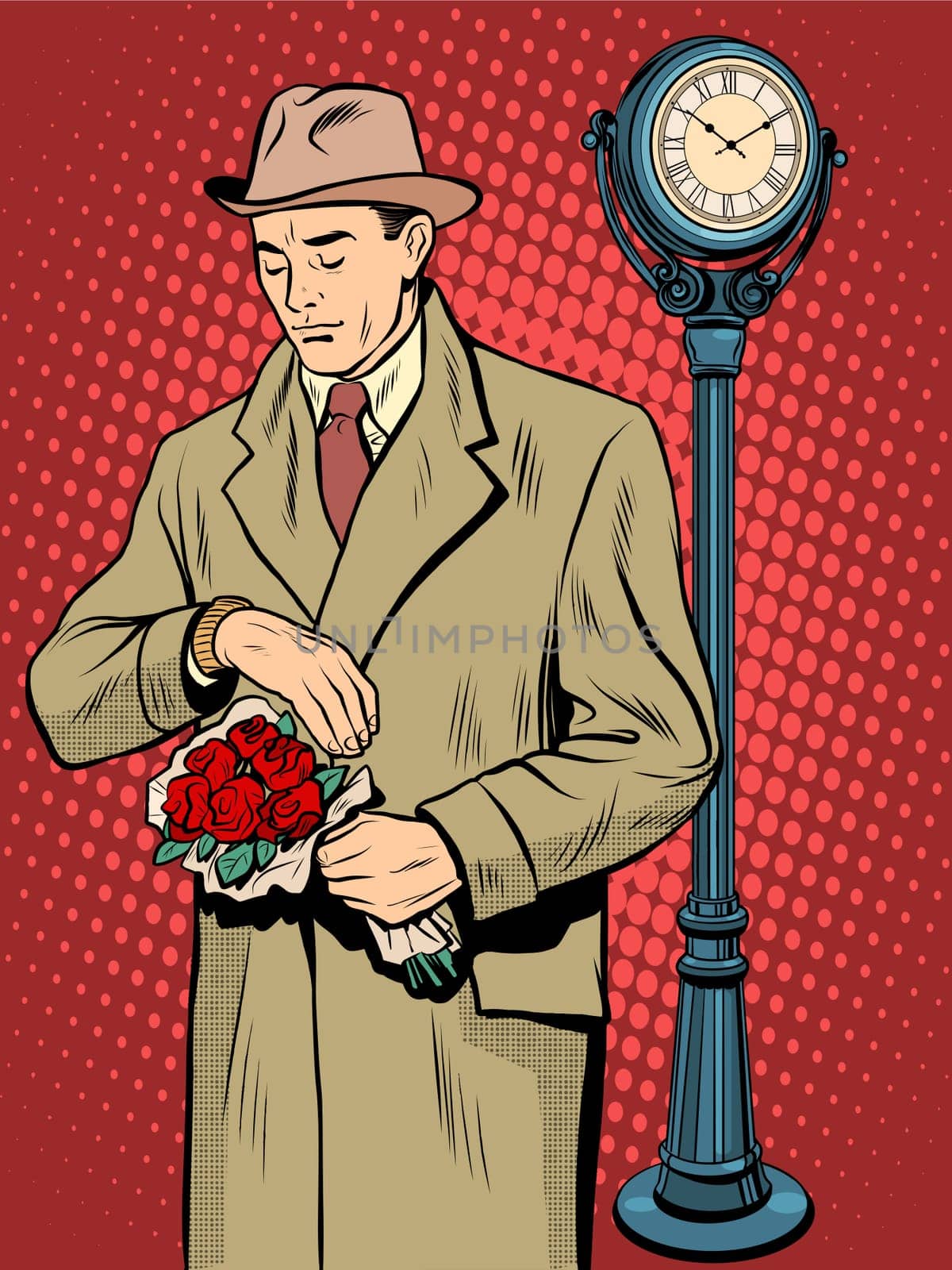 Dating love time watch man pop art retro style. Flowers for women. Romance and relationships. International womens day. Valentines day