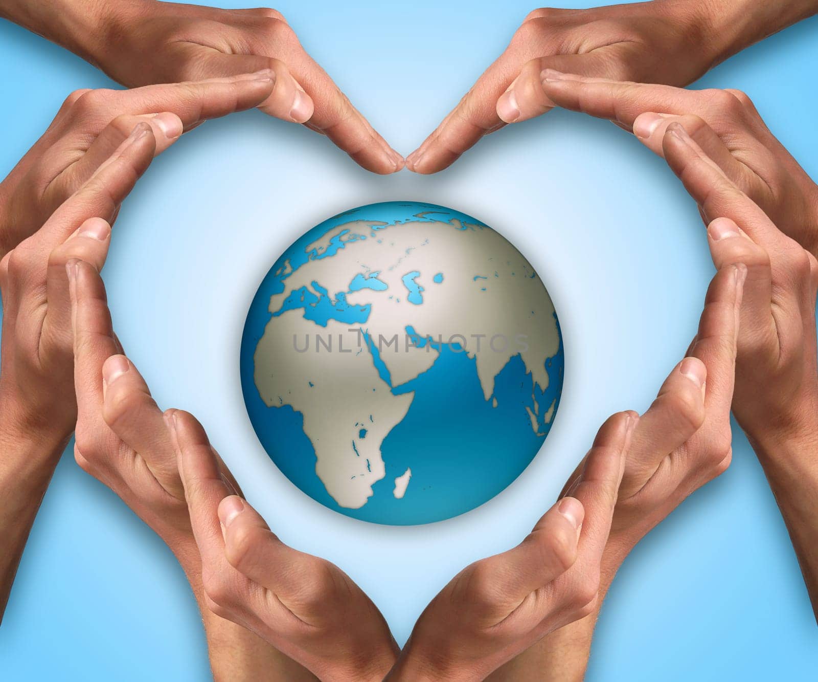 Hands make heart shape arround the Earth globe. Love and protect our planet concept. Earth day. Safe planet