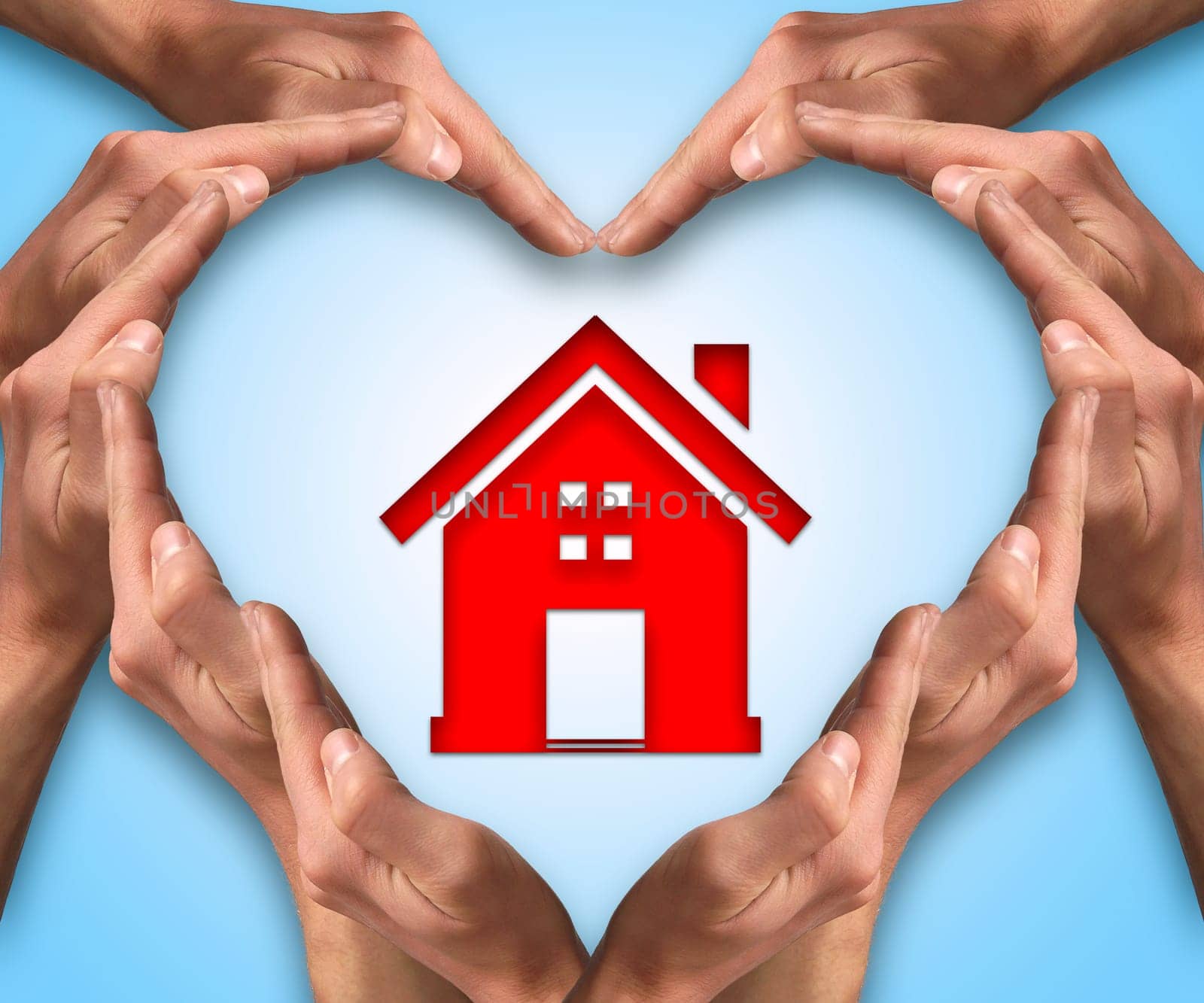 Hands make heart shape arround a house figure. Love and protect your home. Insurance