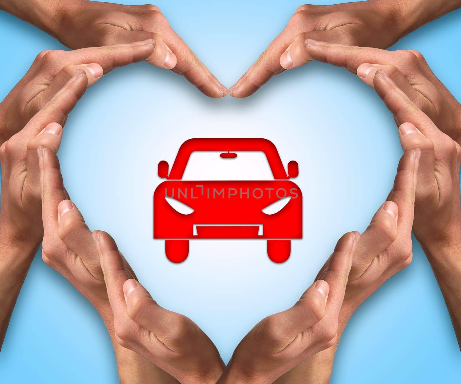 Hands make heart shape arround a car icon. Love and protect your car. Automobile vehicle insurance and collision damage waiver concepts.