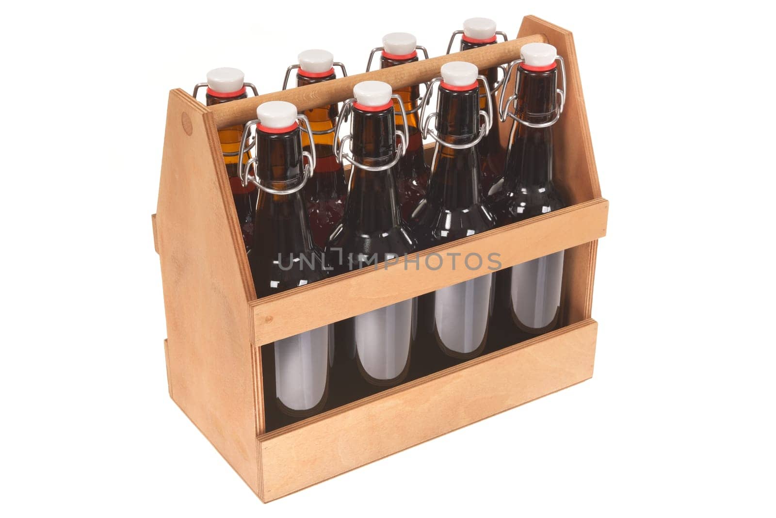 Wood Beer Carrier With Iron Inge closure Beer Bottles Insulated On White