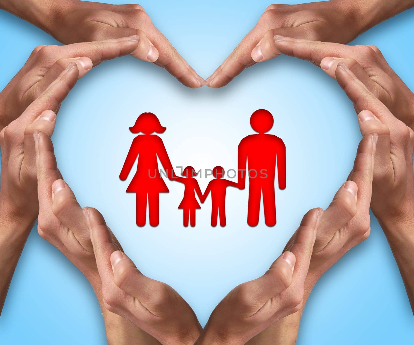 Hands make heart shape with a family in center. Love and protection concept. Family insurance