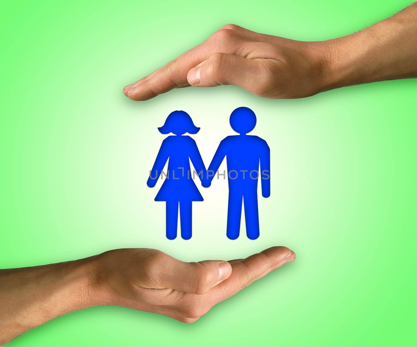 Man hands on top and below to protect a couple. Couple life insurance concept. Hands protect human group symbol. Health insurance.