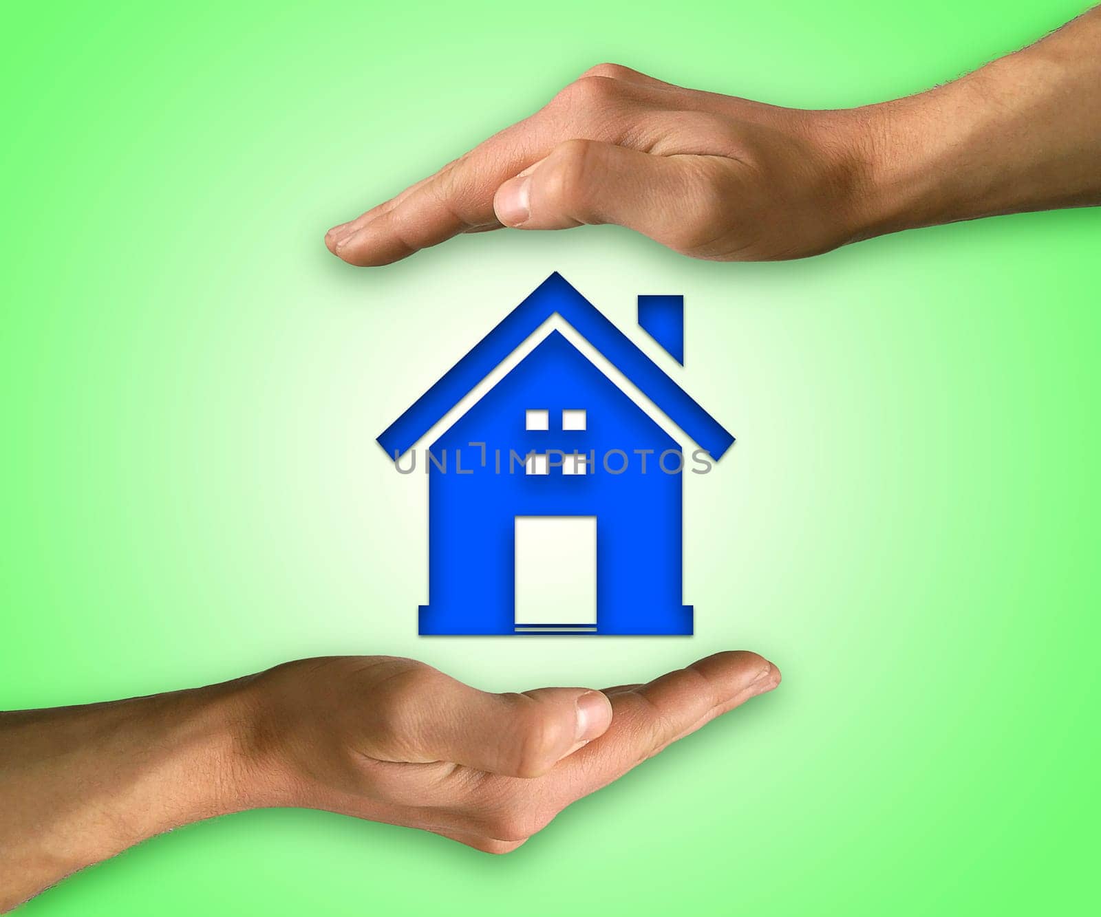 Two hands on top and below to protect a house. Concept of home insurance and protection